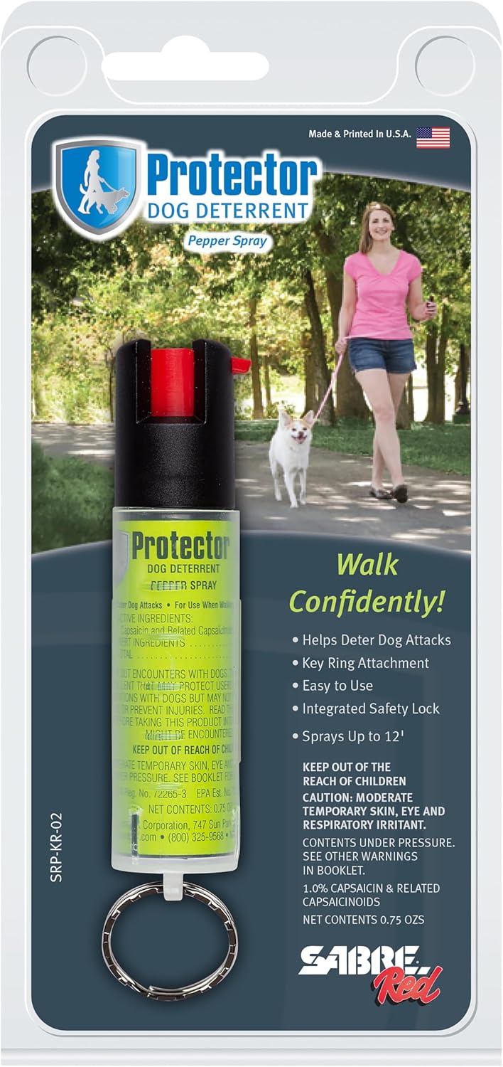 SABRE Protector dog spray hanging from a keychain