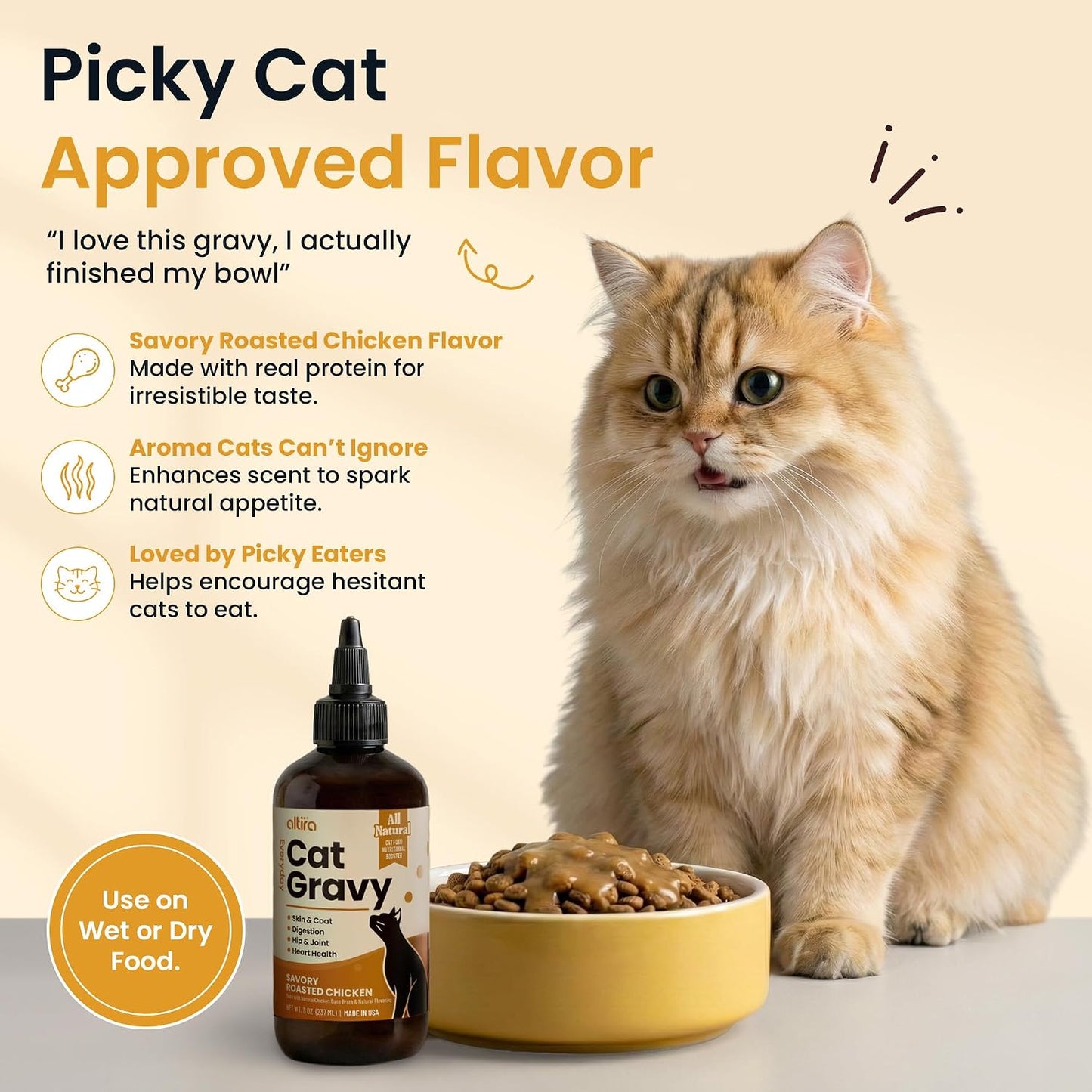 Close up of Altira Cat Gravy texture and bottle packaging