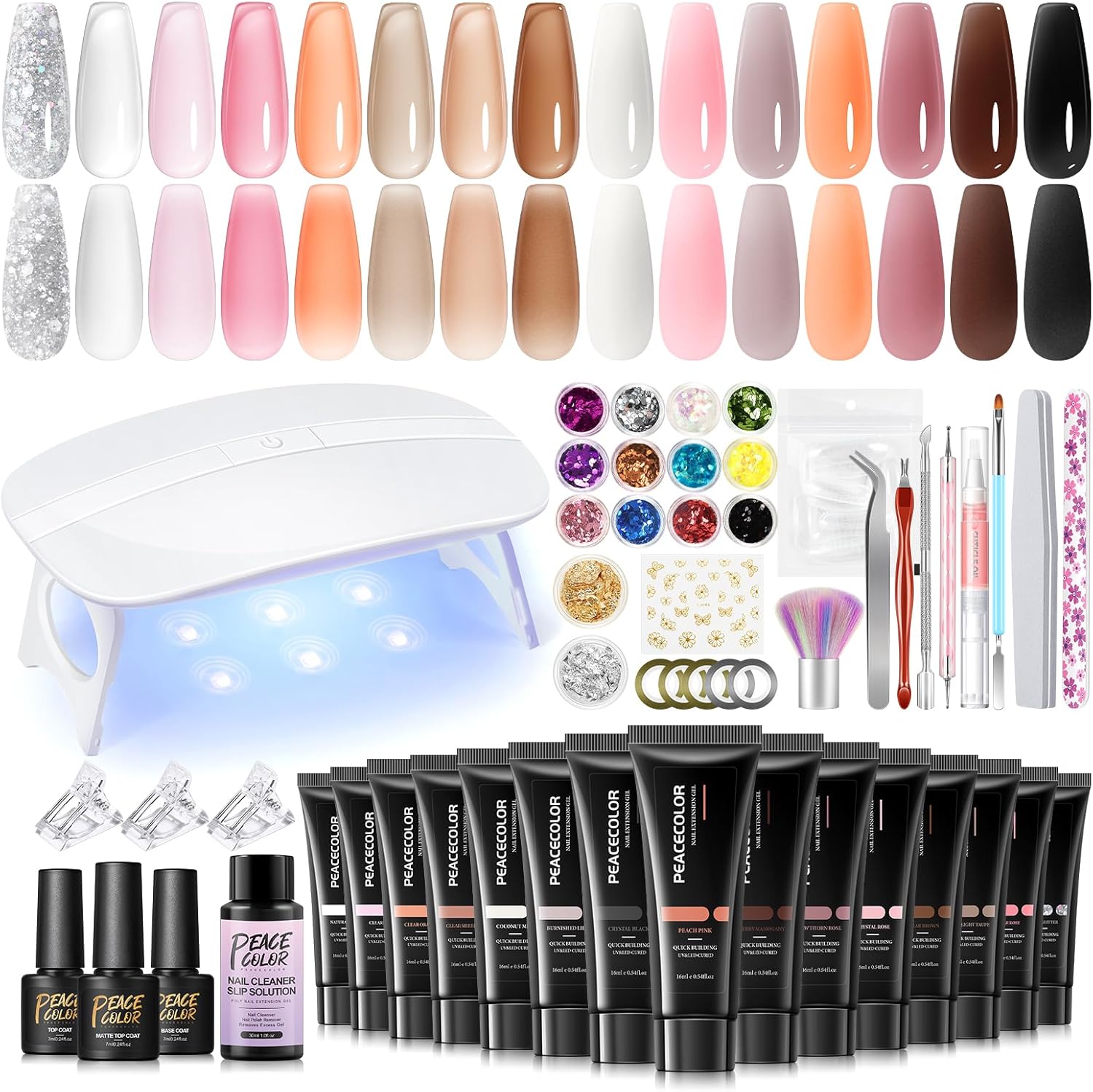 Peacecolor Poly Nail Gel Kit with 15 colors and UV lamp front view