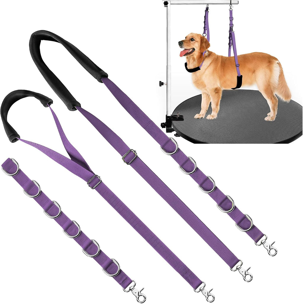 Uni PNR dog grooming belly strap front view showing purple padded nylon loop and stainless steel clamp.