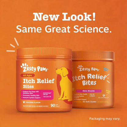 Authentic imported Zesty Paws pet allergy supplement on display