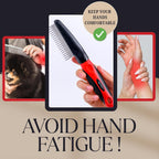 Close up of the red and black ergonomic non slip handle on the pet grooming tool.