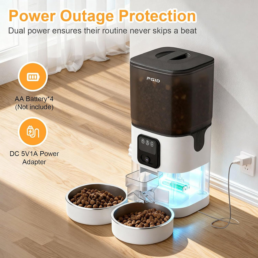 Electronic automatic cat feeder displaying two way audio microphone setup.