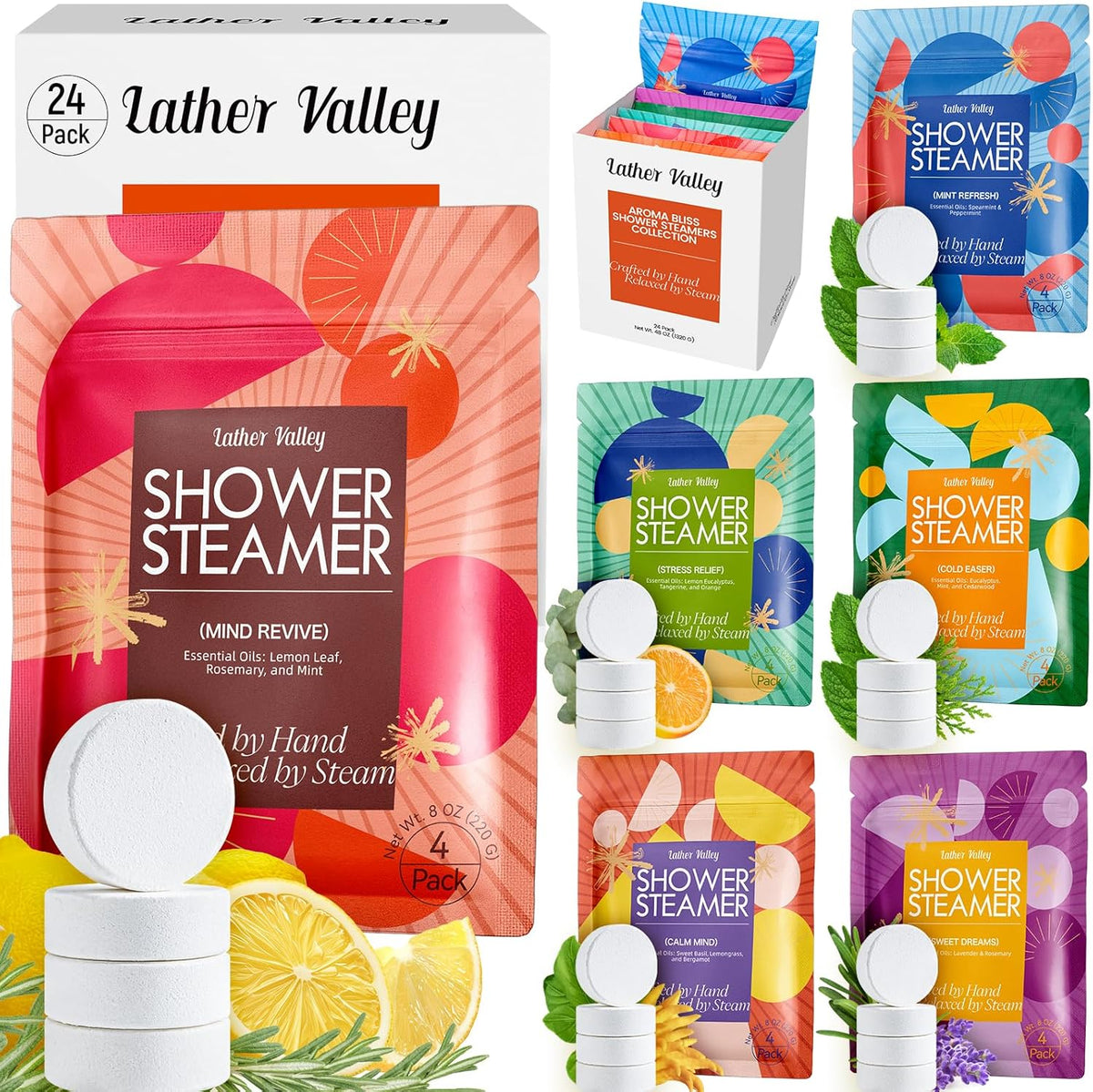 Lather Valley Aromatherapy And Sport Shower Steamers 24 Pack front view authentic product pack