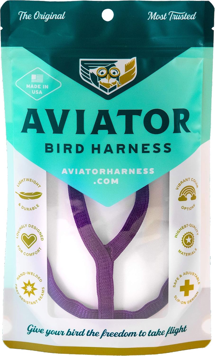 The Aviator Pet Bird Harness and Leash Medium Purple packaged front view showing the lightweight escape proof design.