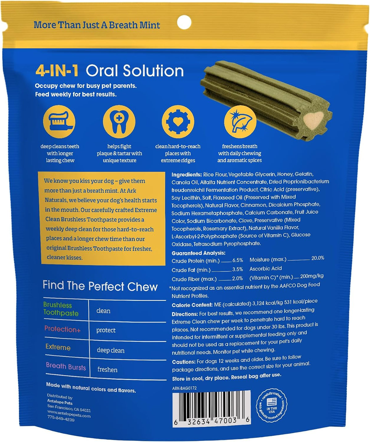 Ark Naturals dental chew package with 18 ounce bag details