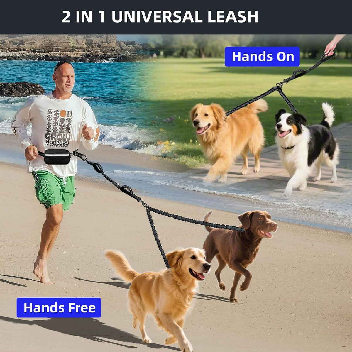 Reflective stitching along the entire length of the black heavy duty nylon climbing rope leash.