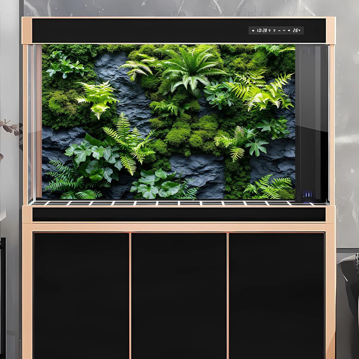 OHIOCATII tropical moss wall aquarium backdrop installed on a standard reptile enclosure.