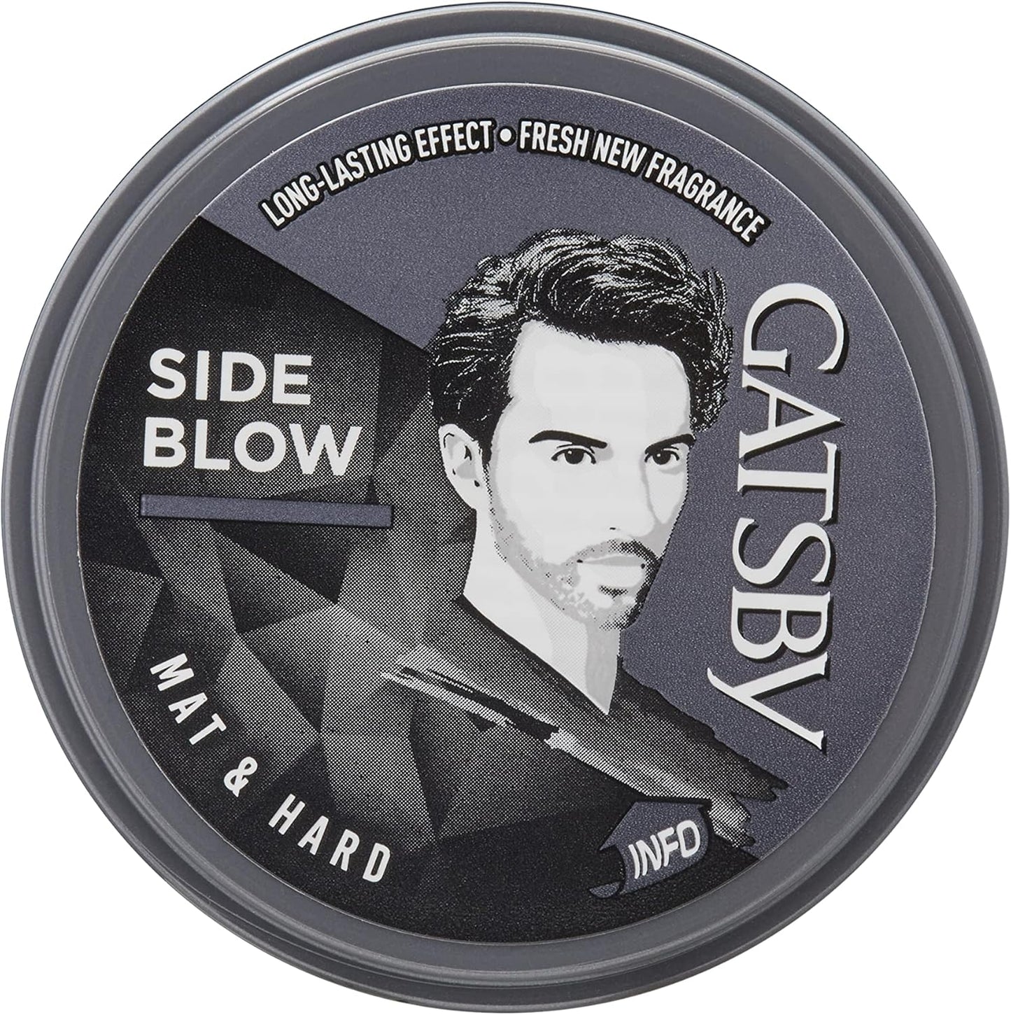 Gatsby Hair Styling Wax Mat and Hard gray jar packaging front view with strong hold matte finish description.