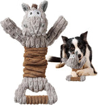 Durable plush dog toy with stretchable crinkle paper belly