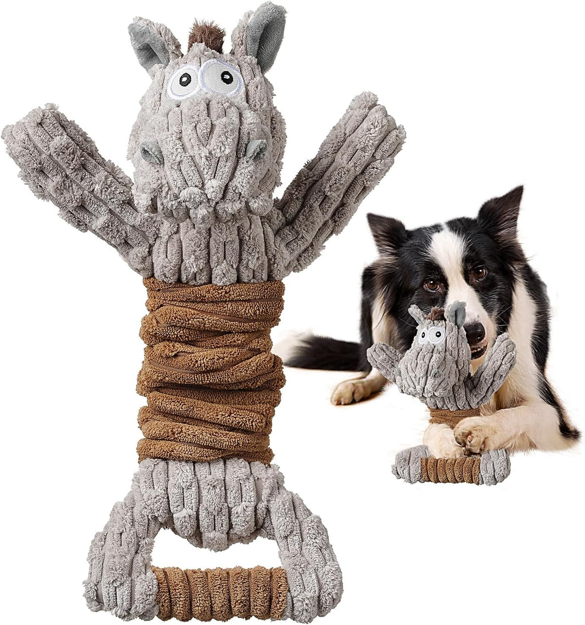 Durable plush dog toy with stretchable crinkle paper belly
