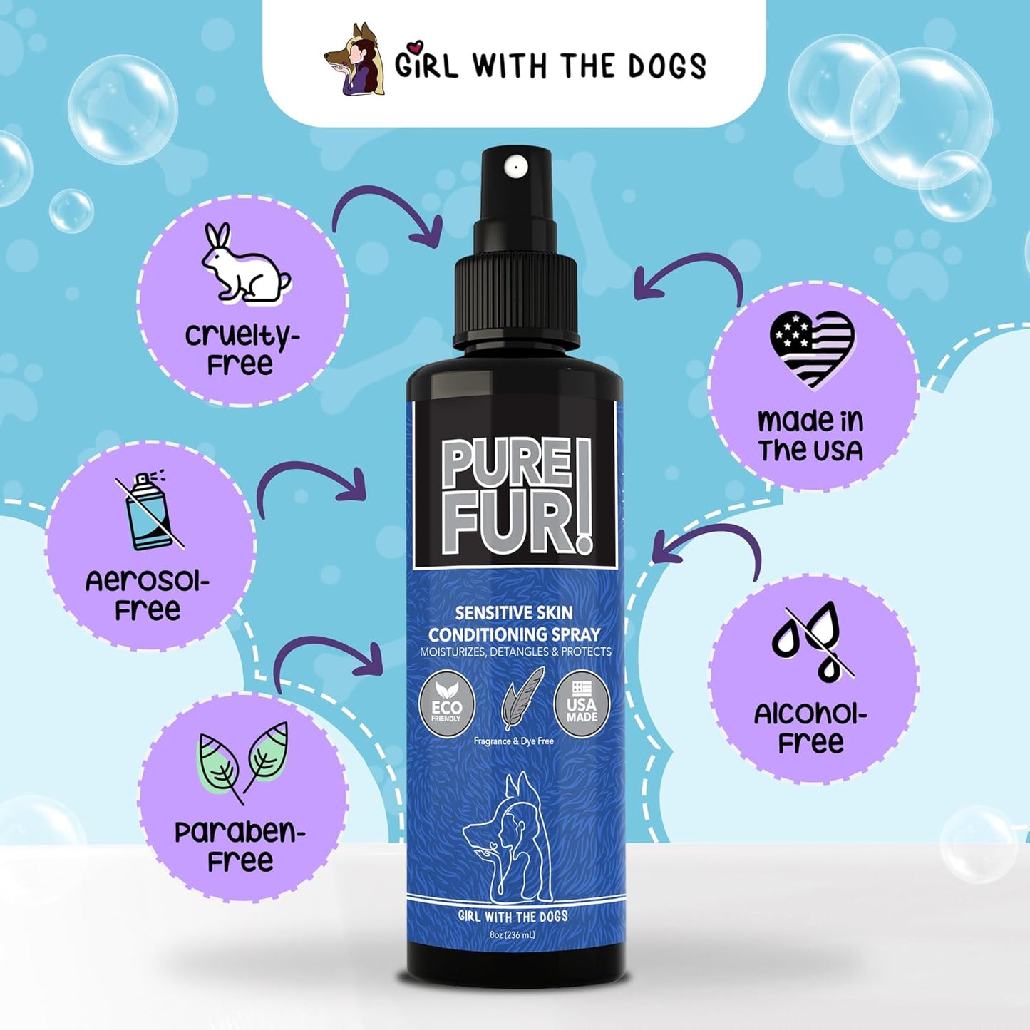 Premium imported Eight Ounce pet coat shine and strength conditioning spray