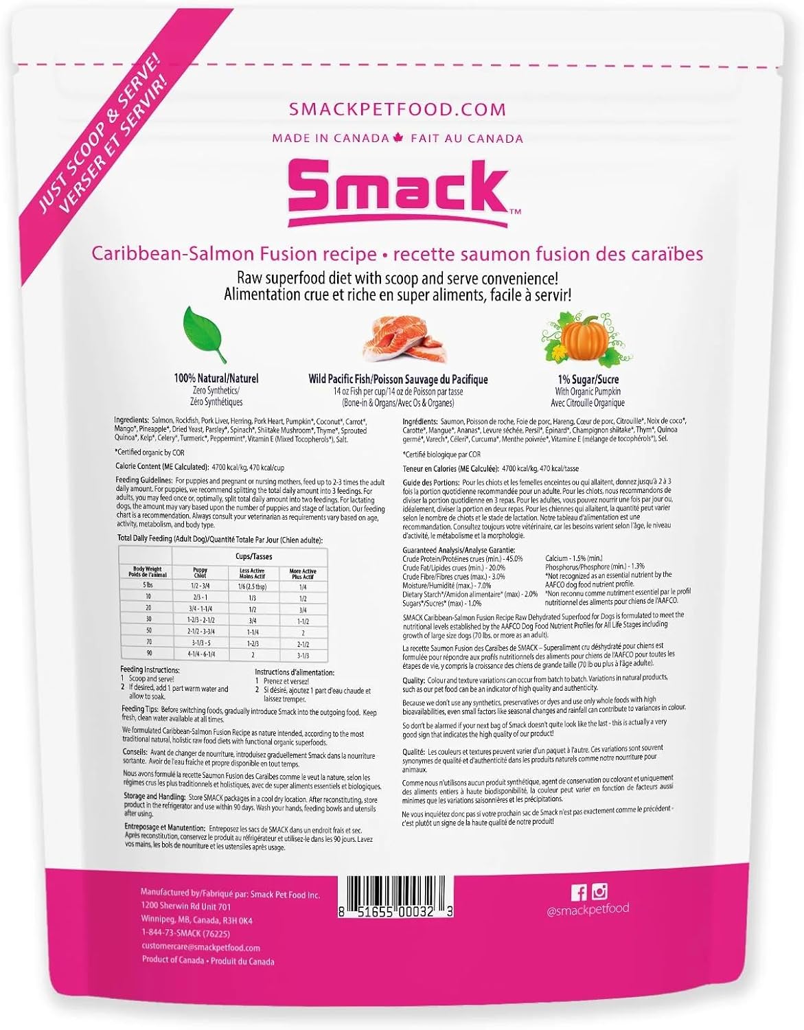 Smack premium organic salmon dog food packaging 5.5 pound bag