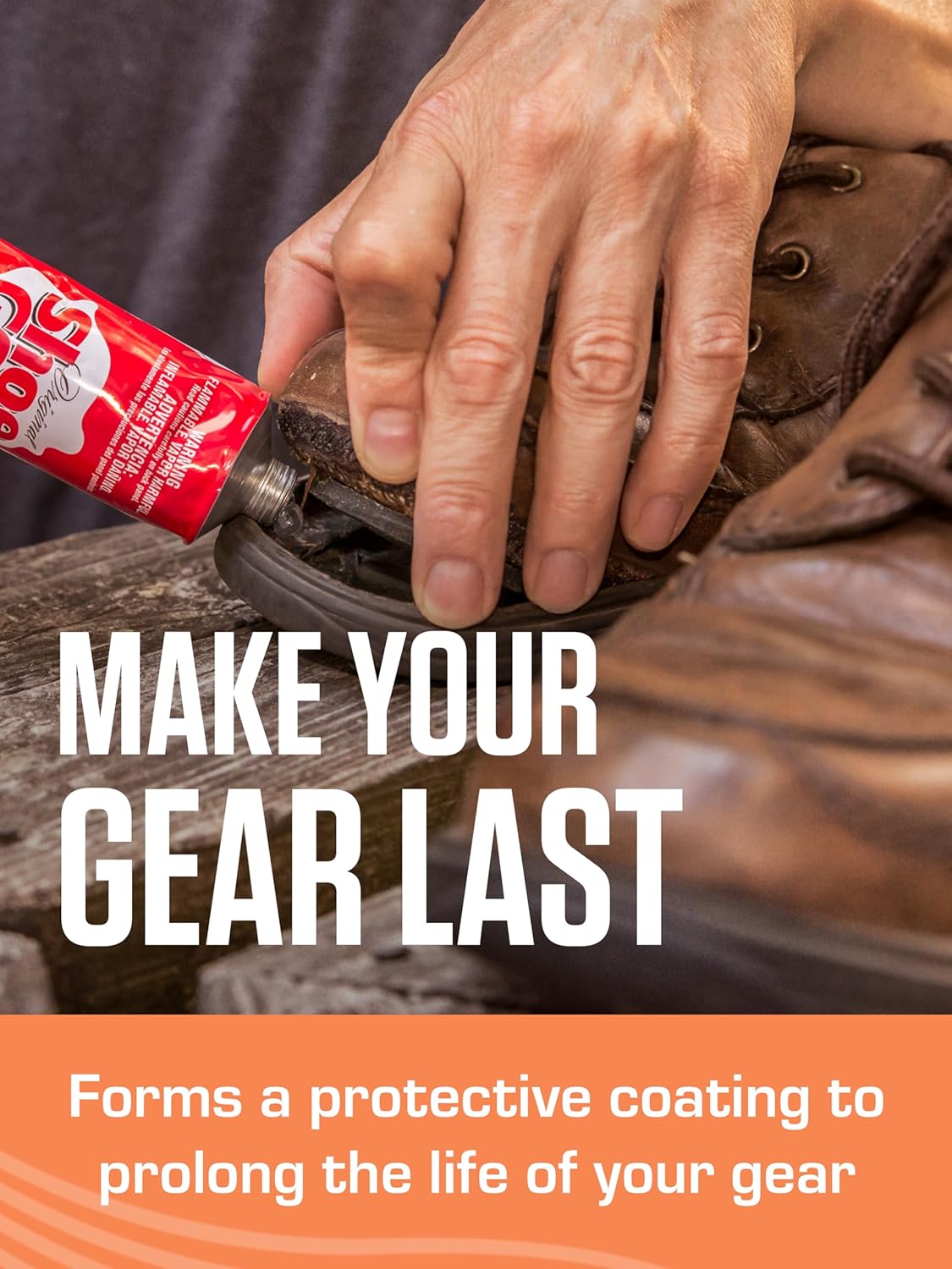 Shoegoo premium footwear maintenance formula displaying flexible clear bond application properties.