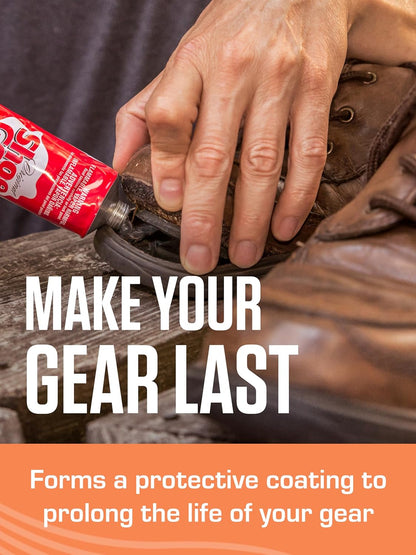 Shoegoo premium footwear maintenance formula displaying flexible clear bond application properties.
