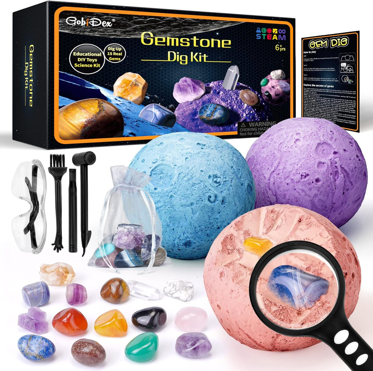 GobiDex Gemstones Dig Kit front view of the packaging and planetary clay blocks with real gemstones.