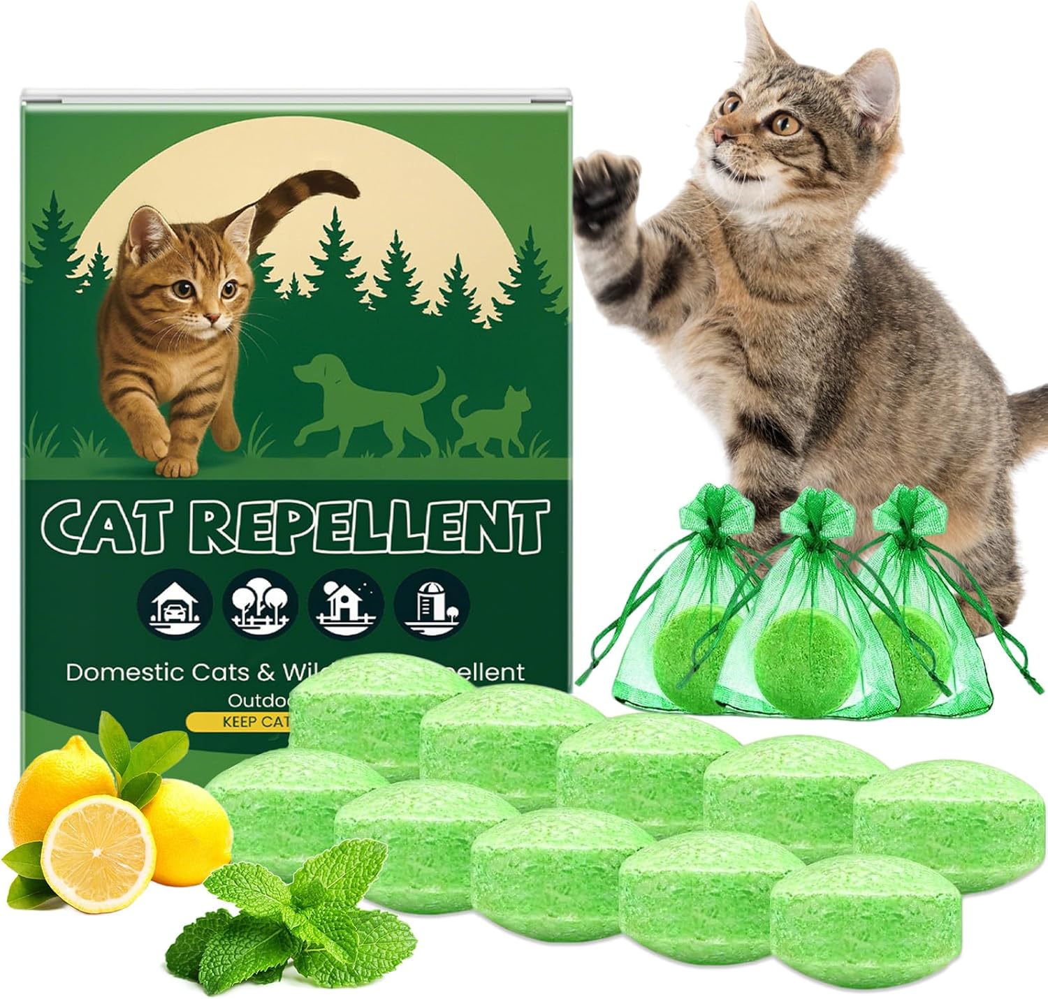 TYAYW Natural Cat Deterrent Ball Outdoor 10 pack packaging front view showcasing natural pet repellent solution