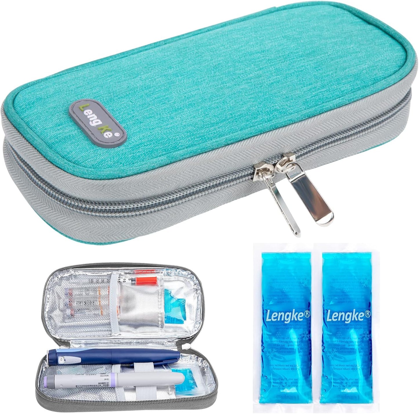 YOUSHARES insulin cooler travel case green front view showcasing compact zipped layout.