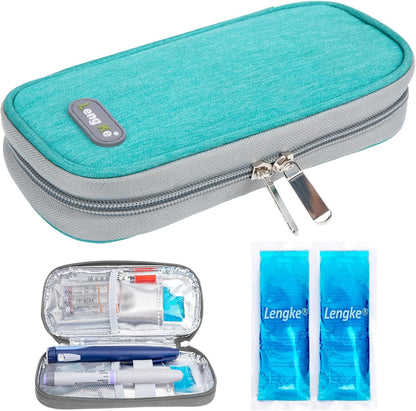 YOUSHARES insulin cooler travel case green front view showcasing compact zipped layout.