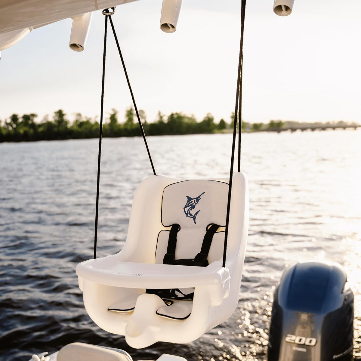 Searock marine-grade baby swing seat front view with safety harness