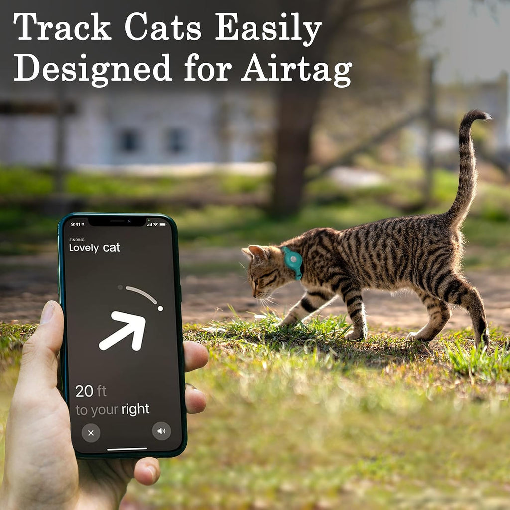 OOPSDOGGY genuine leather cat collar with secure Apple AirTag holder and removable bell.