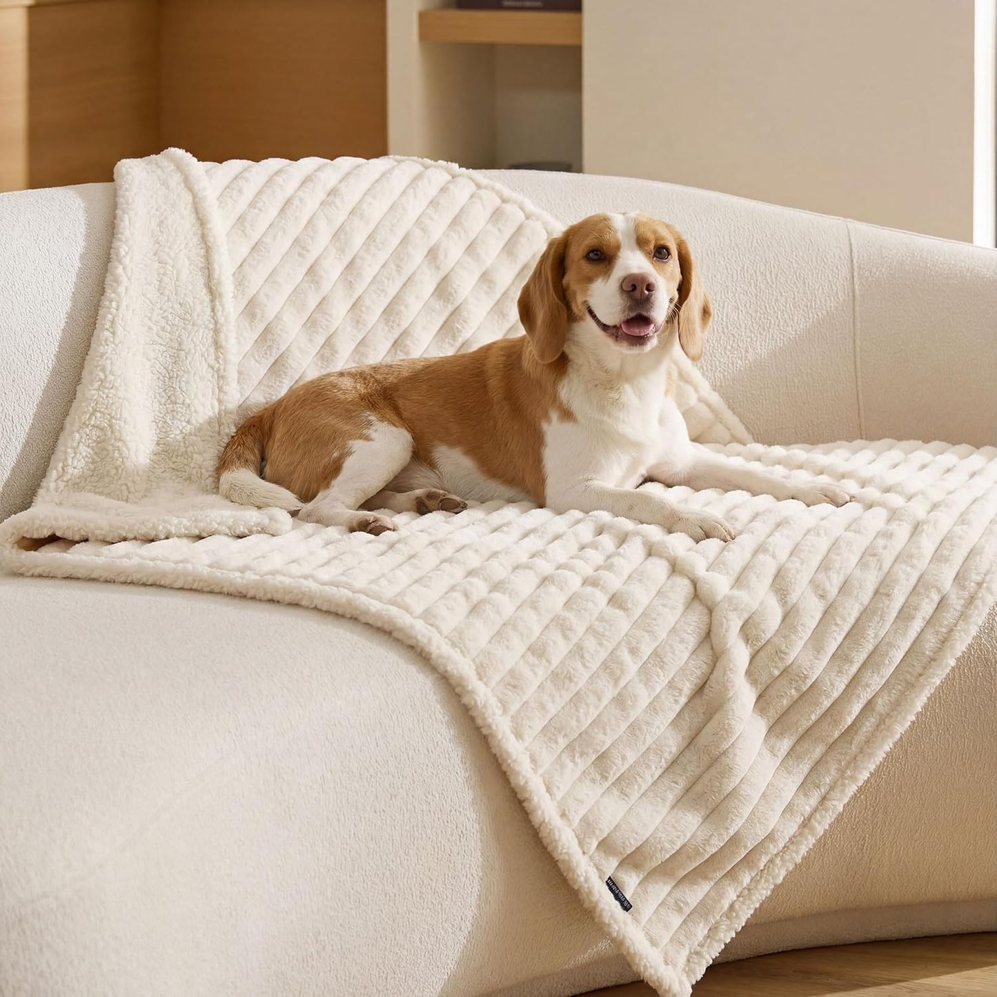 Bedsure ComfyFleece(TM) Waterproof Dog Blankets for Large Dogs - Soft Pet Cat Blanket Corduroy Fleece for Couch Bed Protector Washable, Cozy Calming Reversible Furniture Protection,50"x60", Cream - Image 12