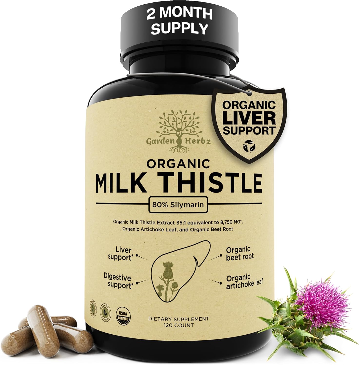Garden of Herbz USDA Organic Milk Thistle front view bottle of liver detox capsules