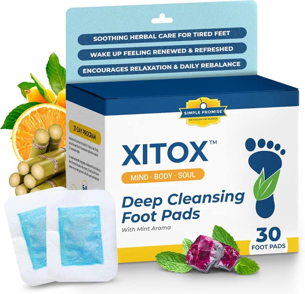 Simple Promise Xitox Deep Cleansing Foot Pads front packaging showing 30 patches.