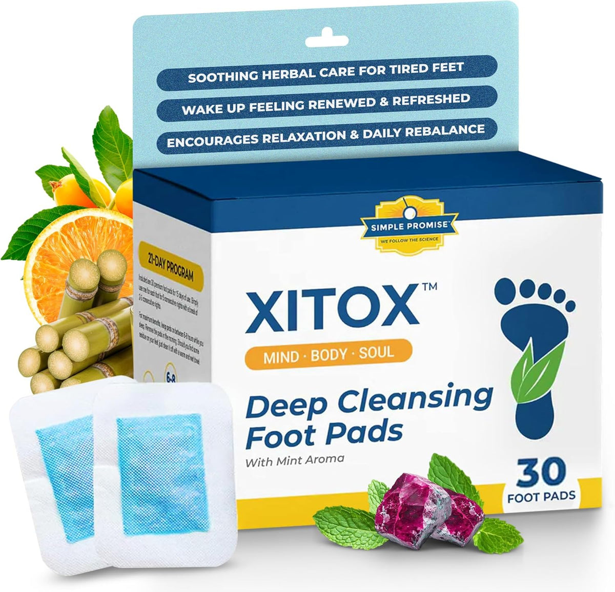 Simple Promise Xitox Deep Cleansing Foot Pads front packaging showing 30 patches.