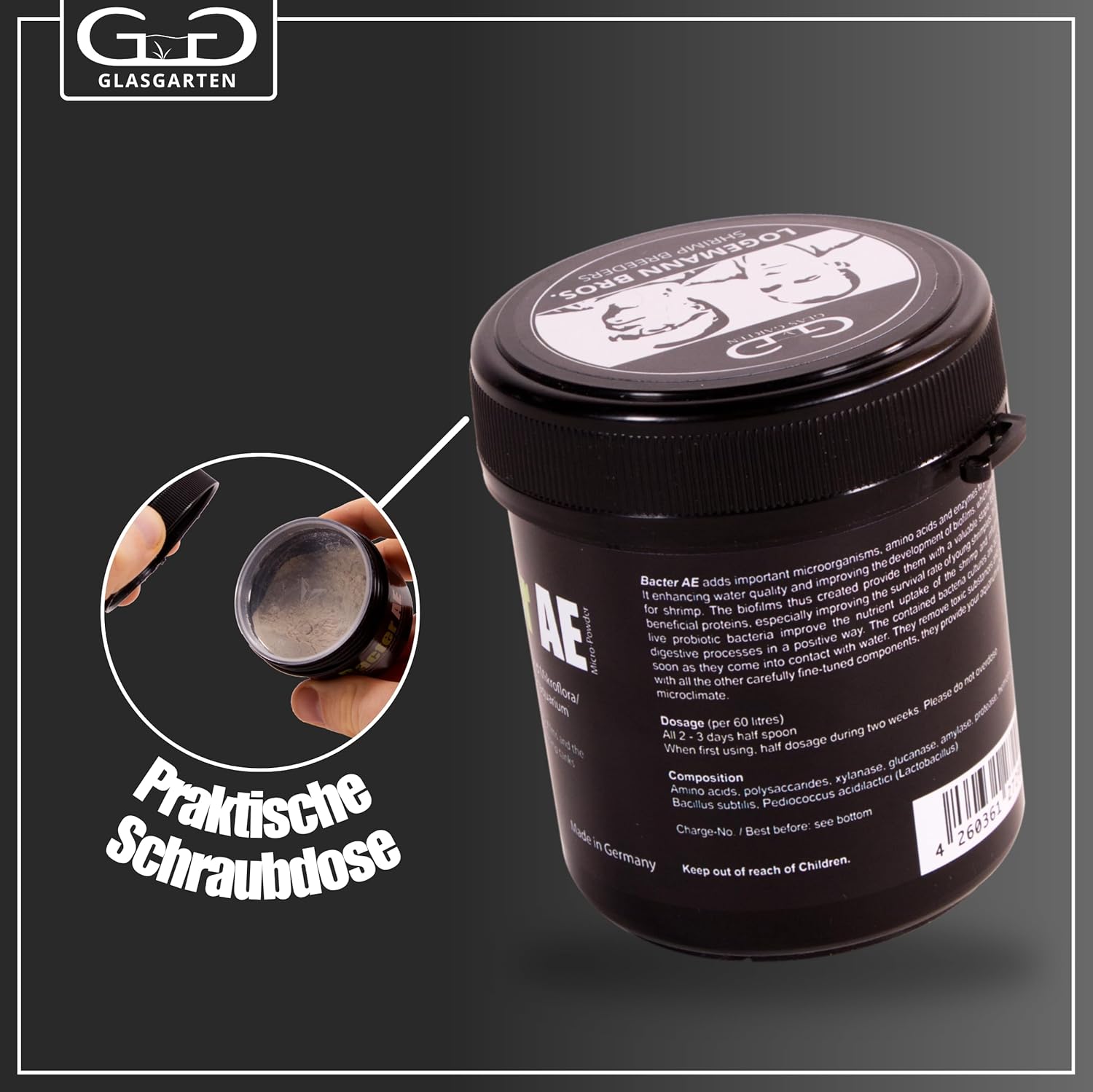 Premium GlasGarten shrimp biofilm powder treatment for freshwater aquarium maintenance.