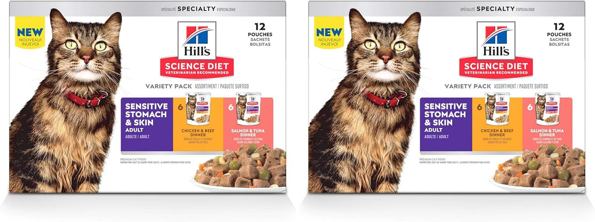 Hill's Science Diet Adult Sensitive Stomach & Skin Wet Cat Food Variety Pack, Chicken & Beef, Salmon & Tuna, 2.8 oz. Pouches, 12-Pack - Image 13