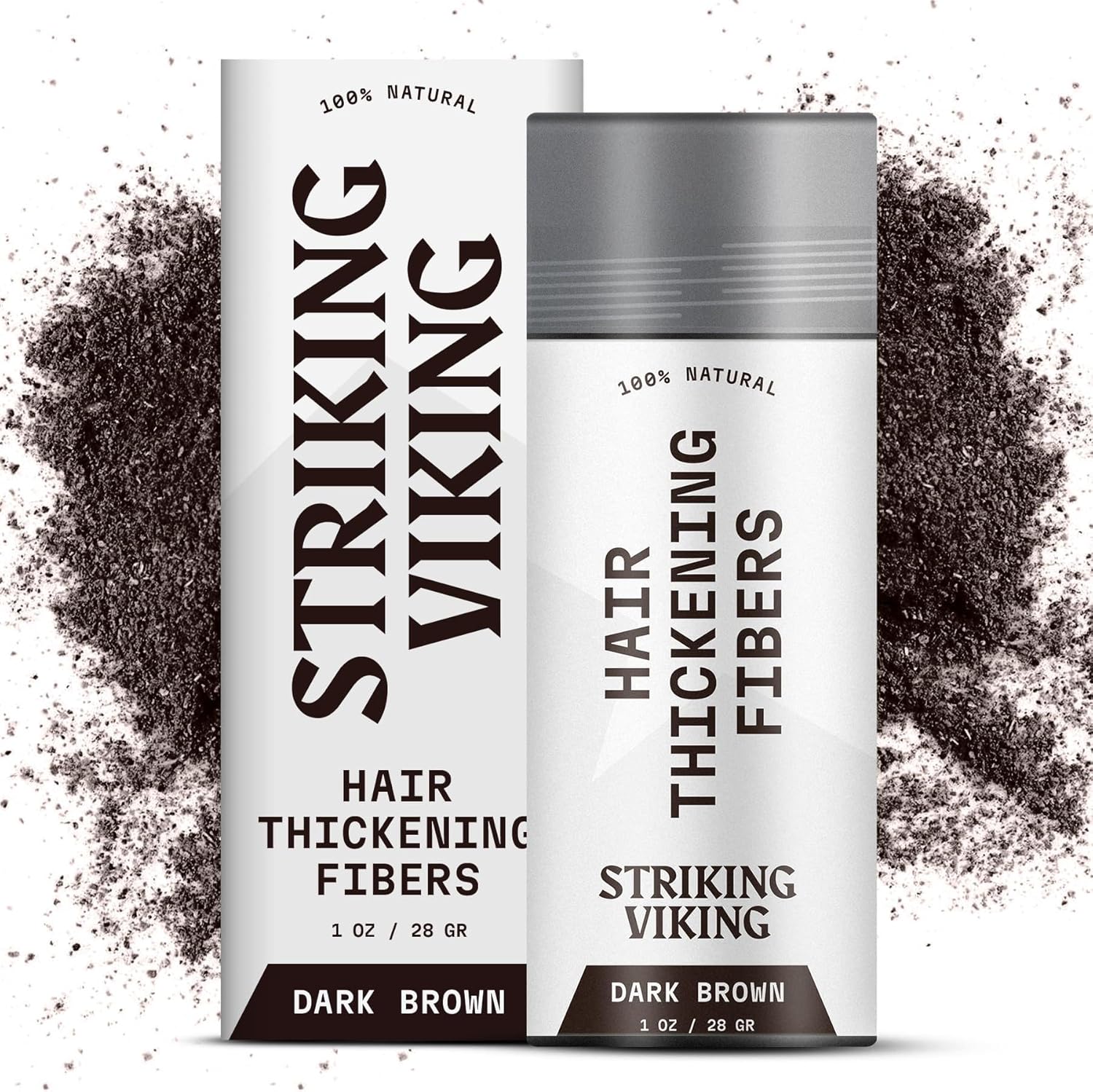 Striking Viking Hair Fibers Dark Brown bottle front view showing volume boosting thickening powder packaging.