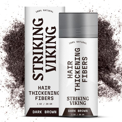 Striking Viking Hair Fibers Dark Brown bottle front view showing volume boosting thickening powder packaging.