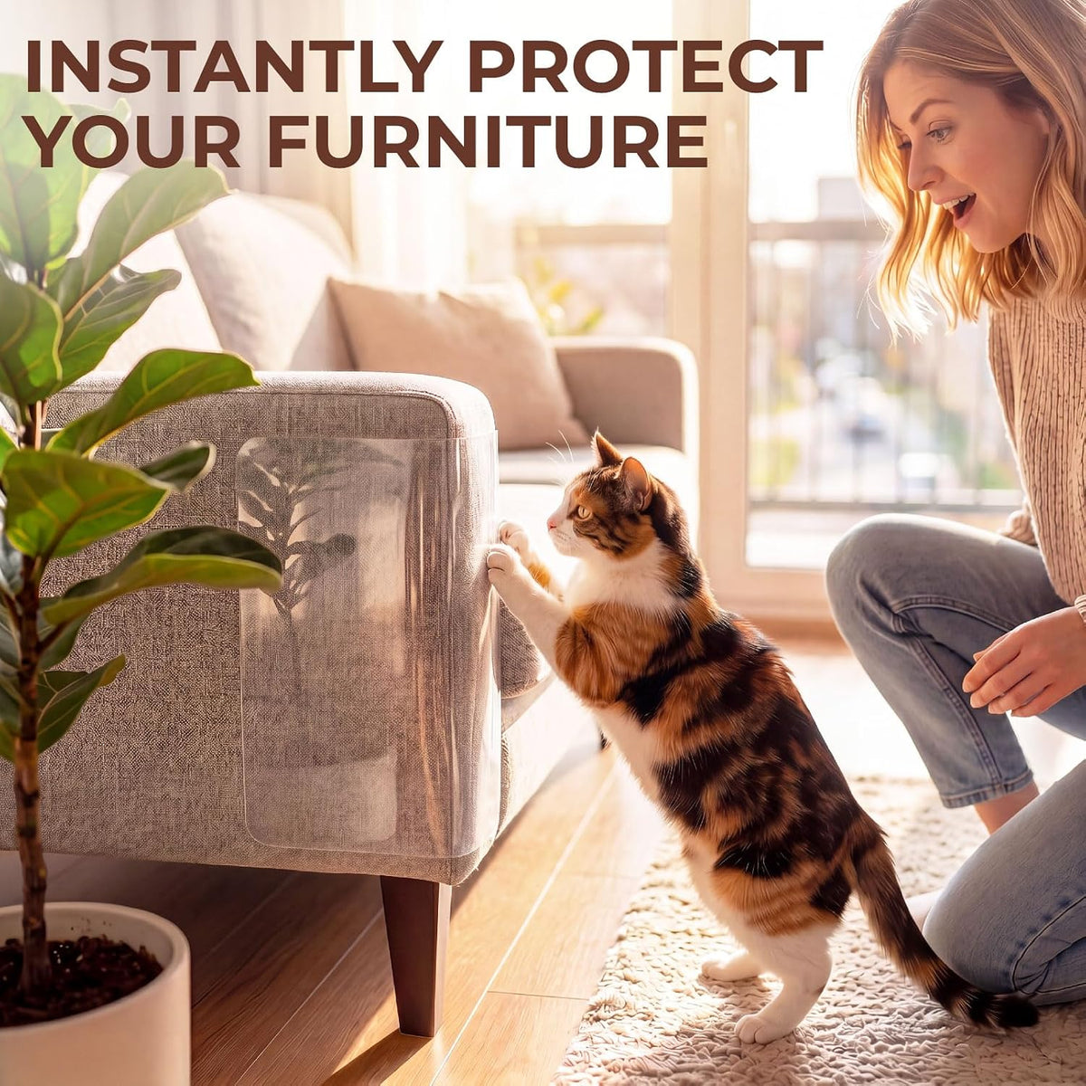 Transparent cat scratch guard applied to sofa corner
