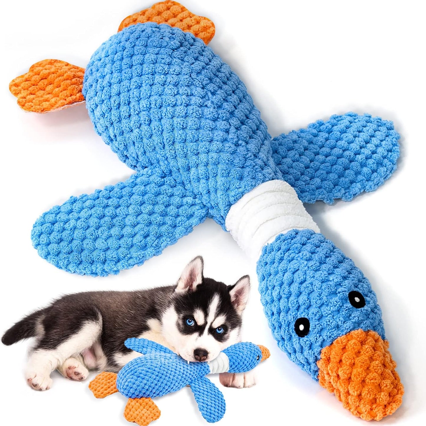 Vitscan Upgraded Goose plush dog toy front view with textured blue body