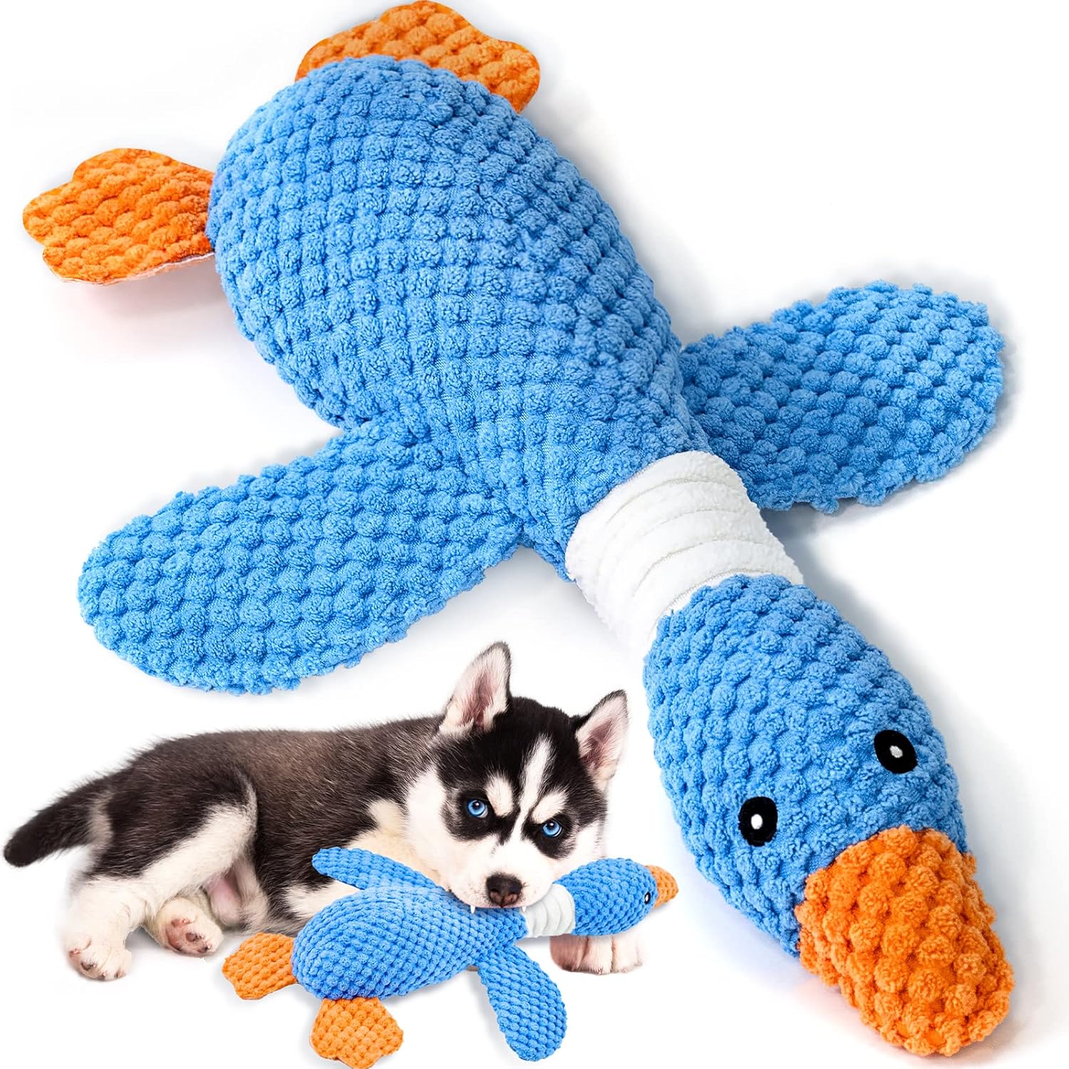 Vitscan Upgraded Goose plush dog toy front view with textured blue body