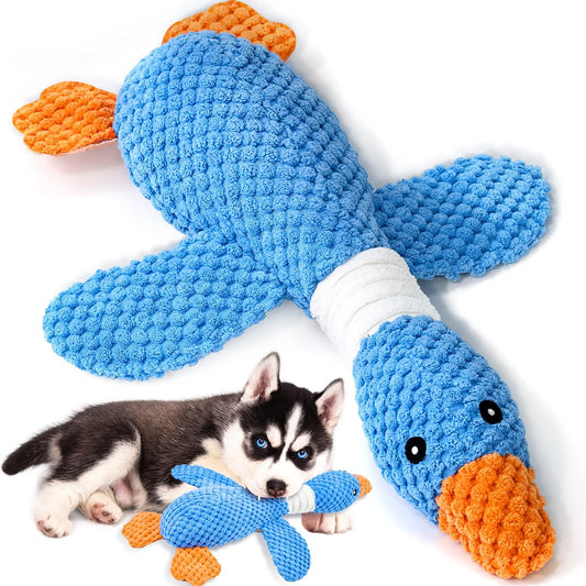 Vitscan Upgraded Goose plush dog toy front view with textured blue body