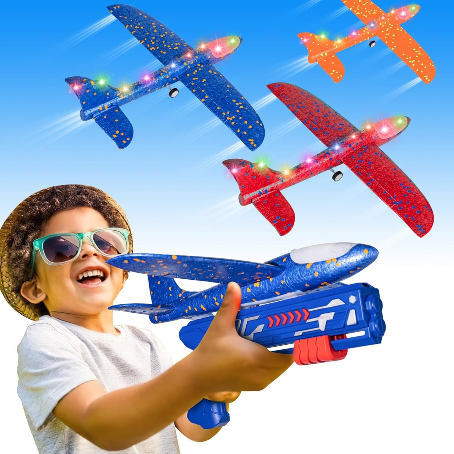 TKOEUAR airplane launcher toy front view showing blue catapult gun and foam gliders.