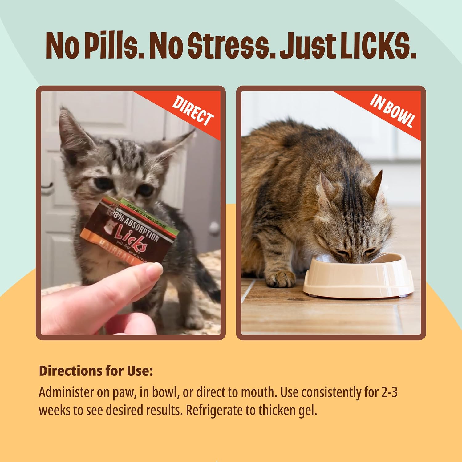 Side view of Licks Cat Hairball box displaying instructions for stress free feeding