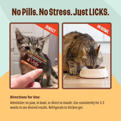 Side view of Licks Cat Hairball box displaying instructions for stress free feeding