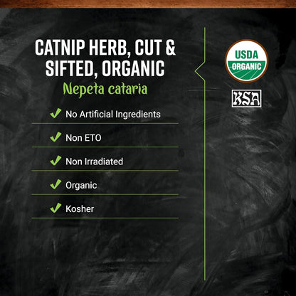 Frontier Co-op Organic Catnip close up view of the premium cut and sifted dried herbs