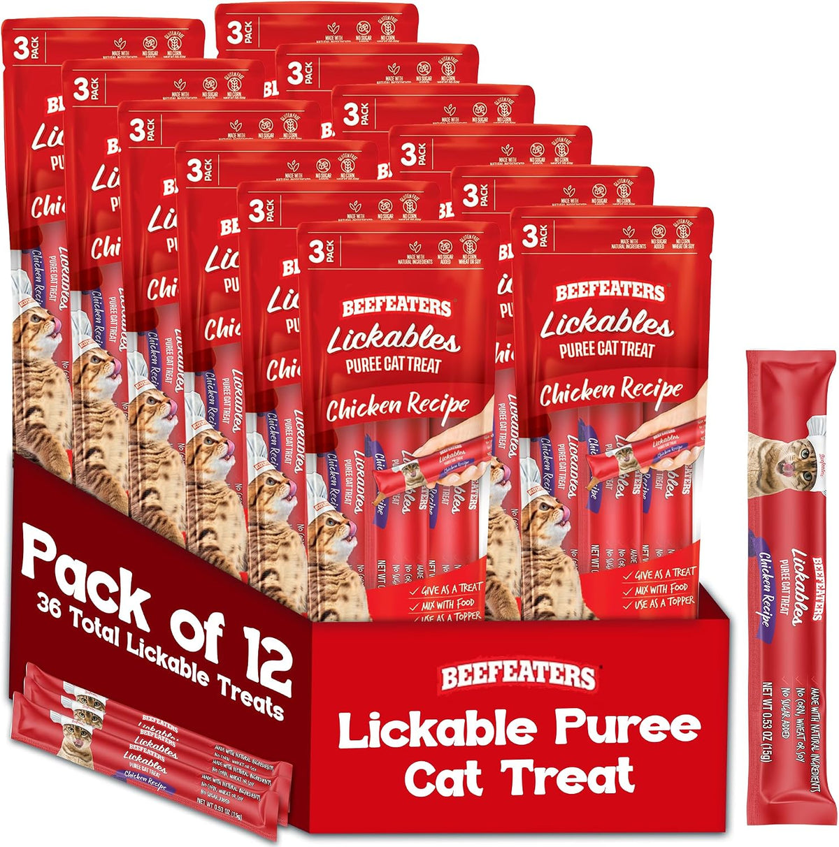 Beefeaters Lickable Cat Treats 48 Count - Puree Squeeze Up Tubes Variety Pack (Salmon, Tuna & Chicken) | Grain Free, Taurine Enriched, High Moisture for Picky Eaters | Cat Treat Topper or Snack - Image 11