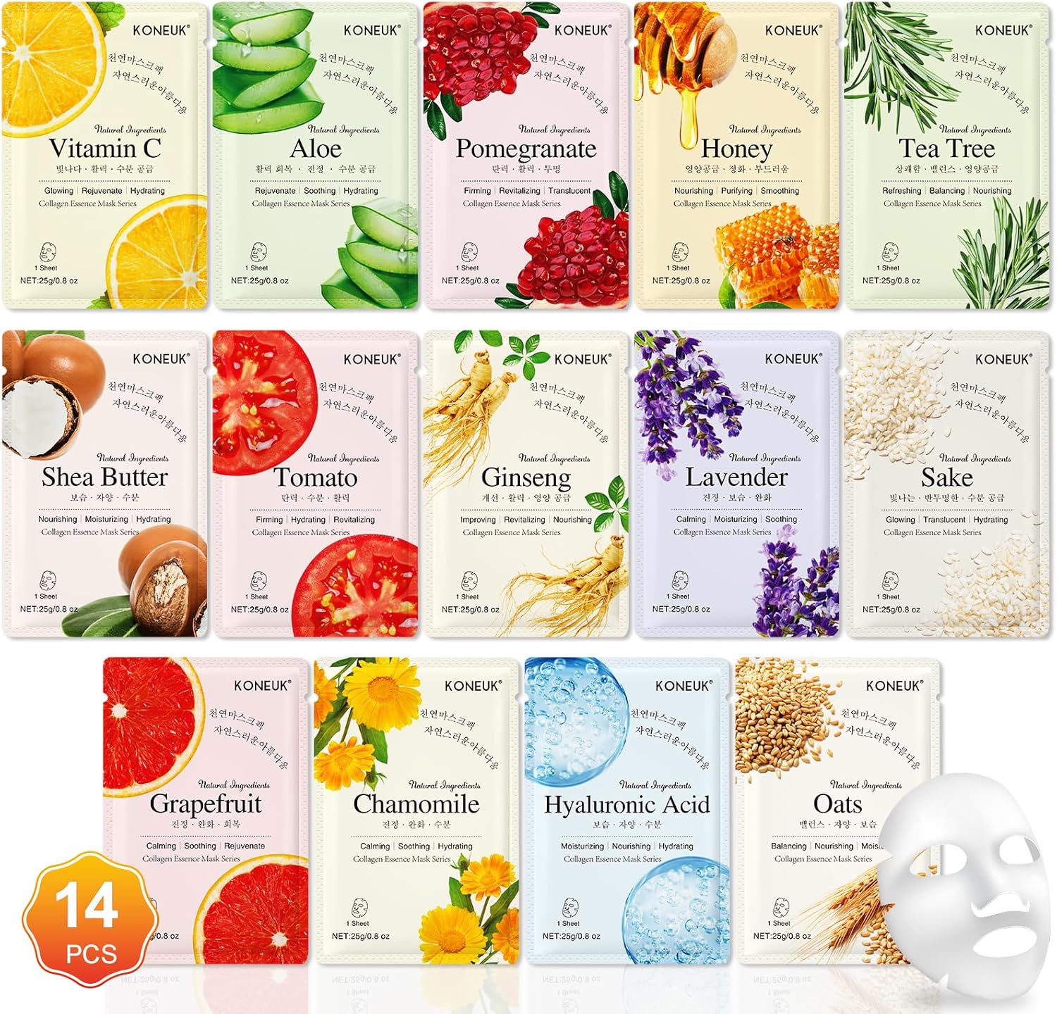 KONEUK 14 Pack Sheet Face Masks assortment showing various ingredient packs