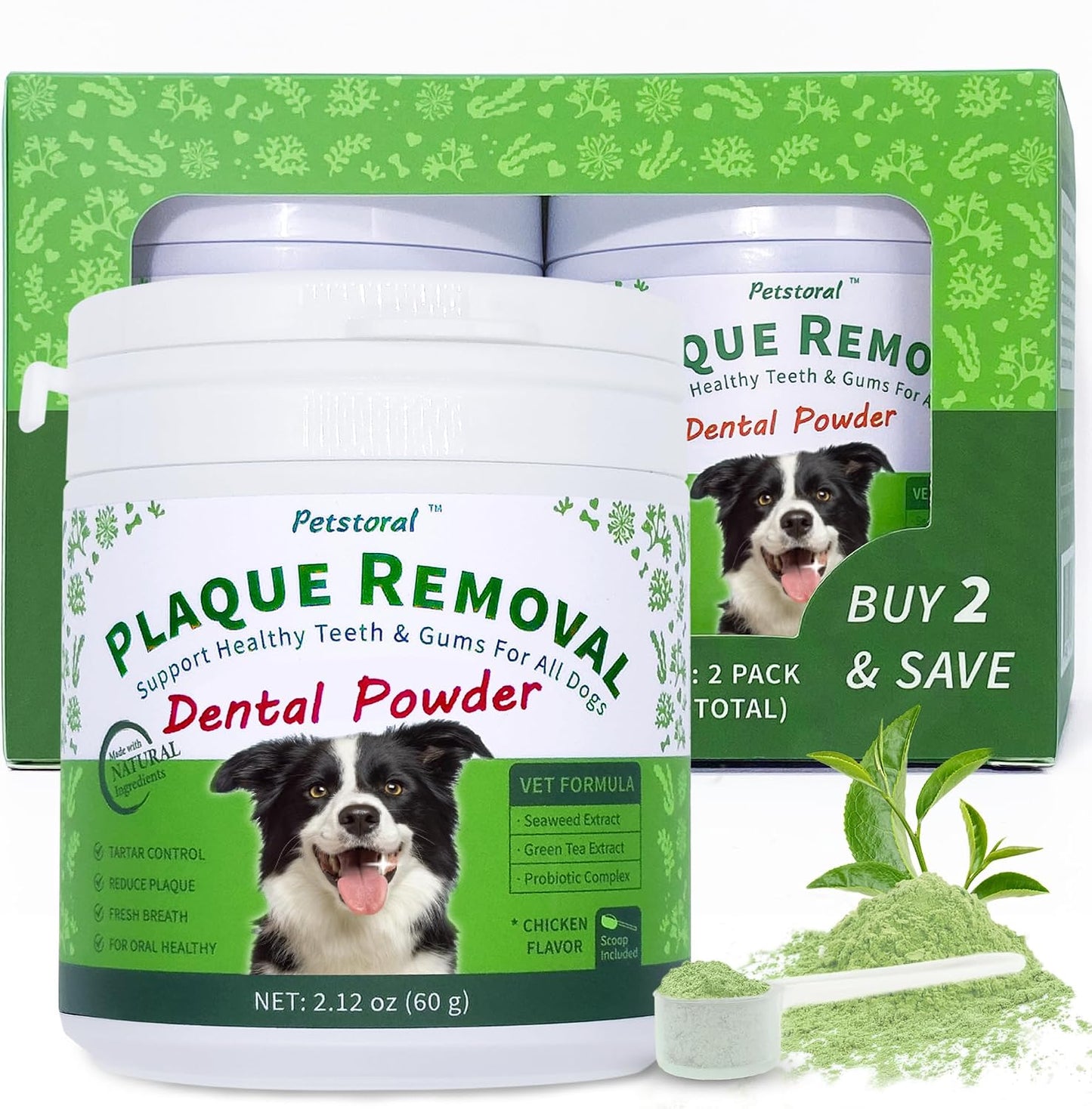 Petstoral 2-pack natural plaque removal dental powder front view