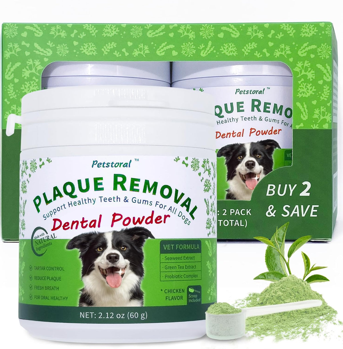 Petstoral 2-pack natural plaque removal dental powder front view