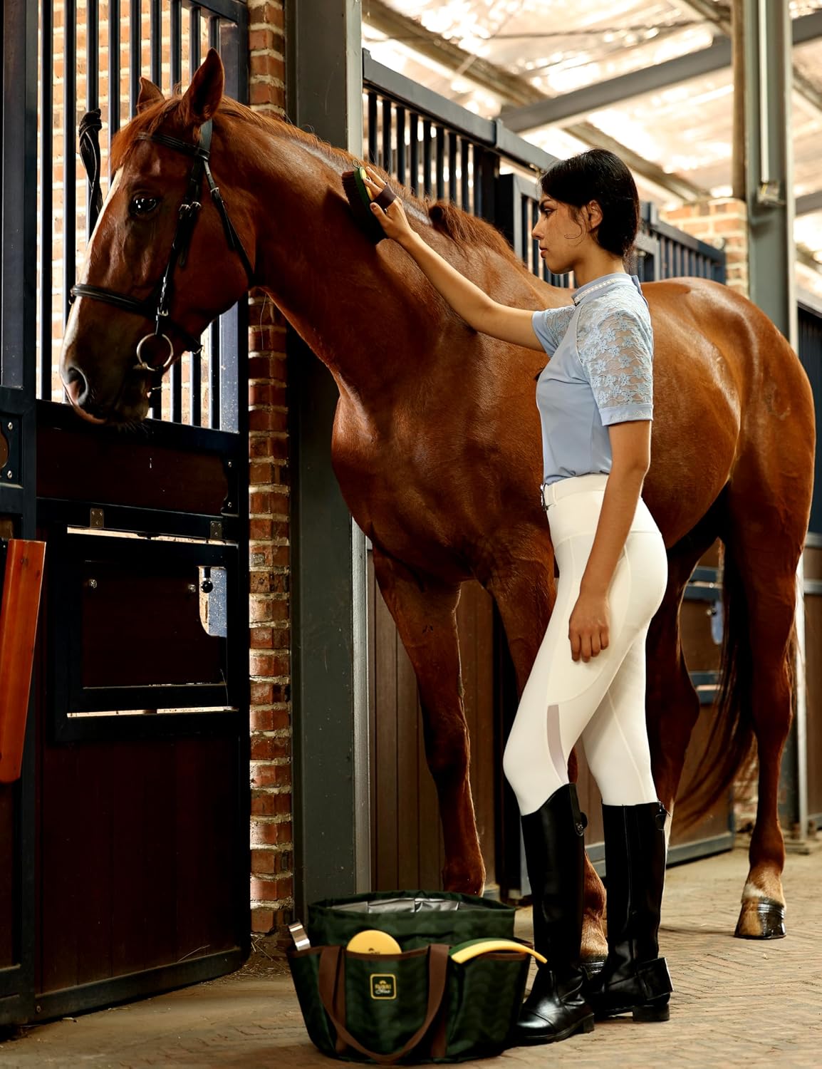 Detailed shot of the Furrishine horse body brush highlighting the comfortable webbed strap and premium quality materials.