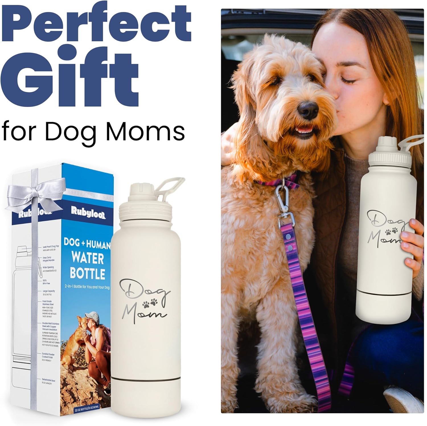 Food grade stainless steel dog mom water bottle placed inside a car cup holder.