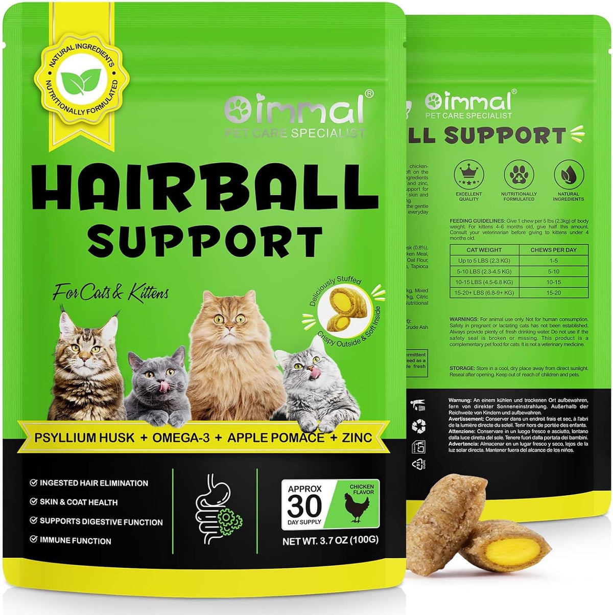 ALIVO cat hairball support chews chicken flavor front packaging view for feline digestive care.