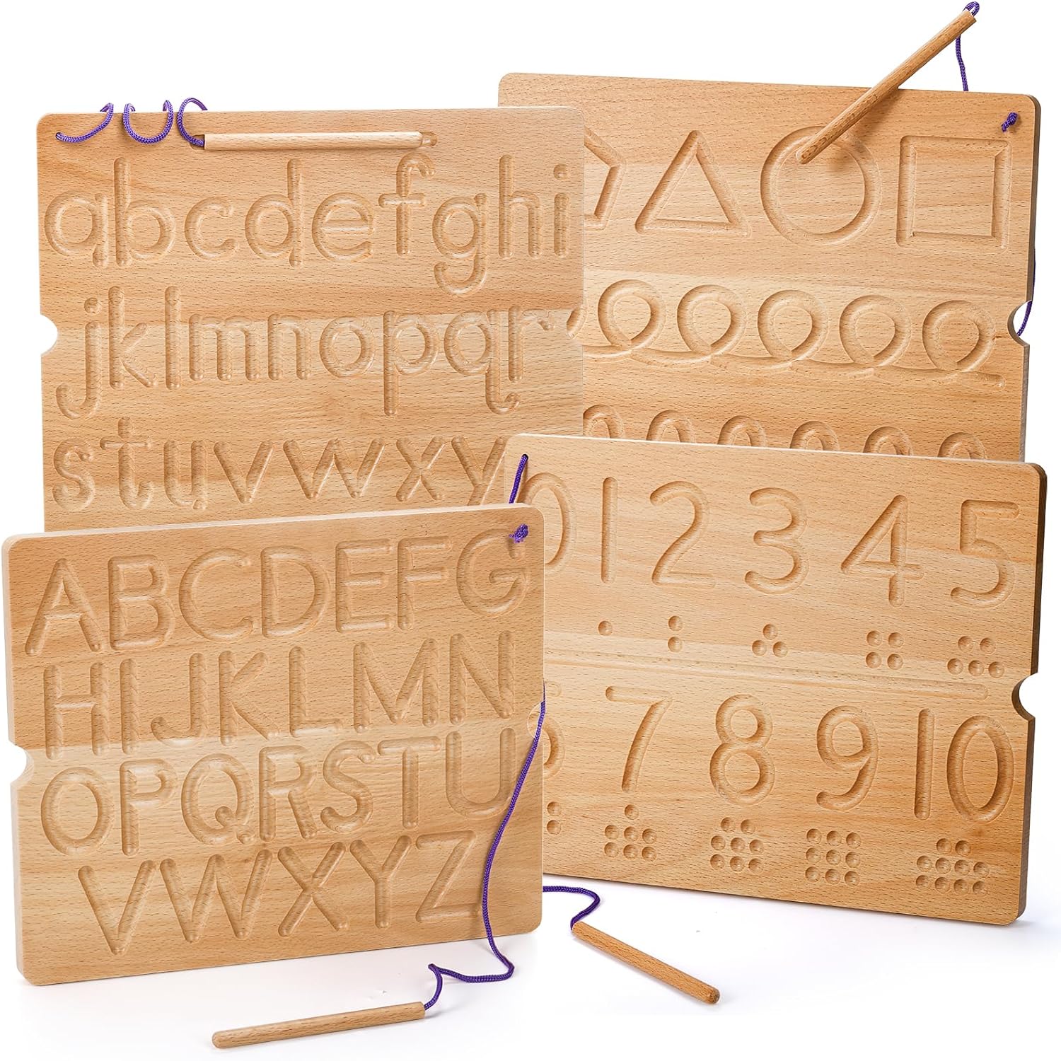 Suwimut wooden alphabet tracing board front view showing engraved uppercase and lowercase letters