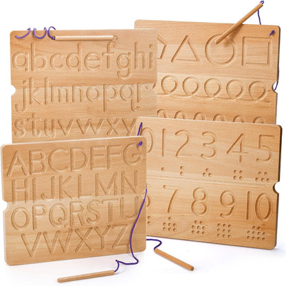 Suwimut wooden alphabet tracing board front view showing engraved uppercase and lowercase letters